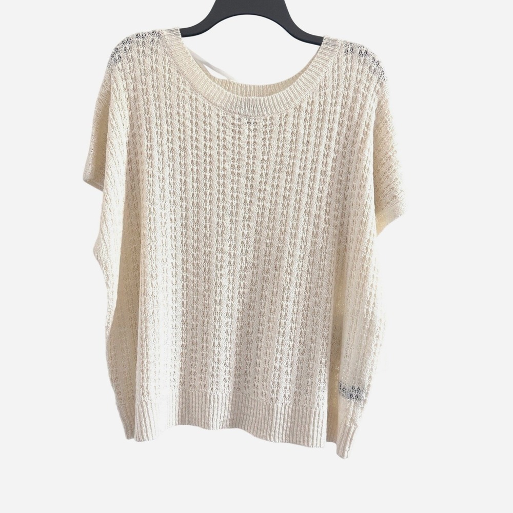 I.N. Studio Womens L Sweater Short Sleeve Open Knit Cream Boho Layering